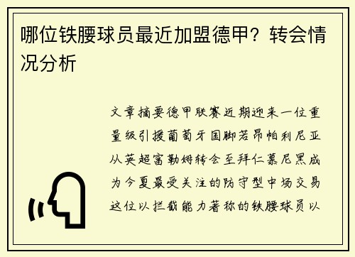 哪位铁腰球员最近加盟德甲？转会情况分析